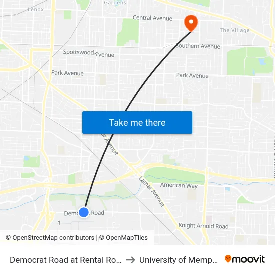 Democrat Road at Rental Road to University of Memphis map