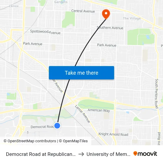 Democrat Road at Republican Drive to University of Memphis map