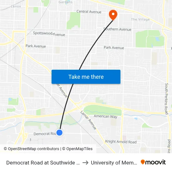 Democrat Road at Southwide Drive to University of Memphis map