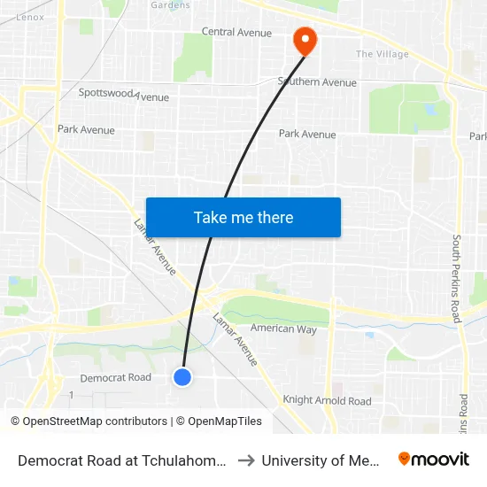Democrat Road at Tchulahoma Road to University of Memphis map
