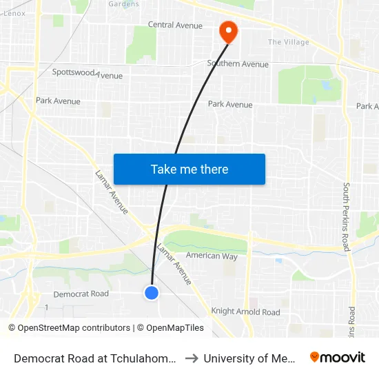 Democrat Road at Tchulahoma Road to University of Memphis map