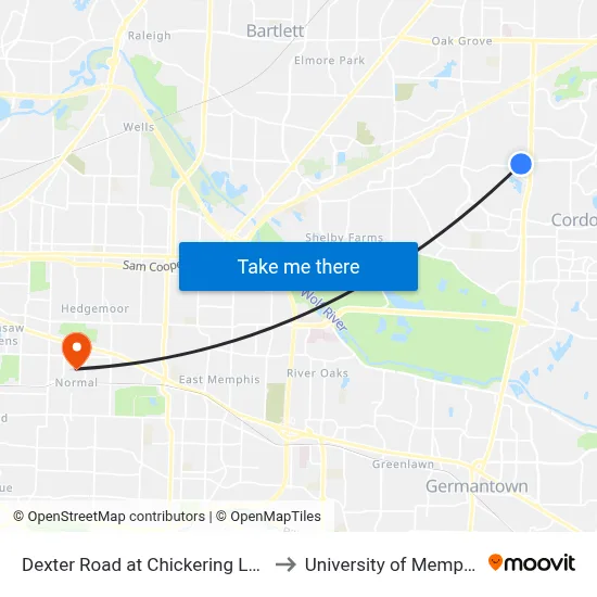 Dexter Road at Chickering Lane to University of Memphis map