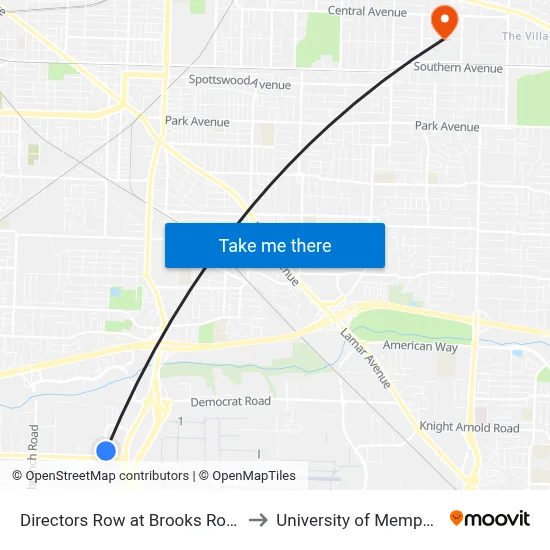 Directors Row at Brooks Road to University of Memphis map
