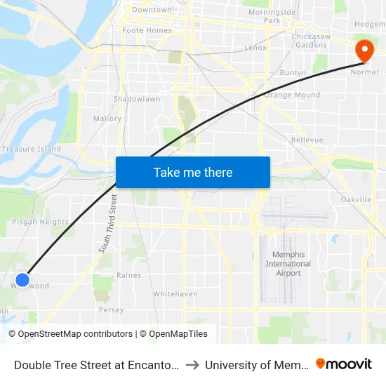 Double Tree Street at Encanto Road to University of Memphis map