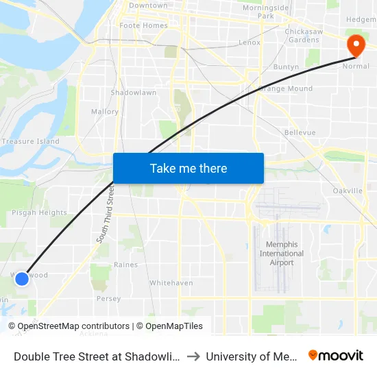 Double Tree Street at Shadowline Drive to University of Memphis map