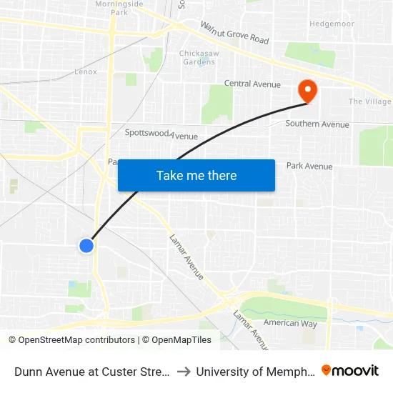 Dunn Avenue at Custer Street to University of Memphis map