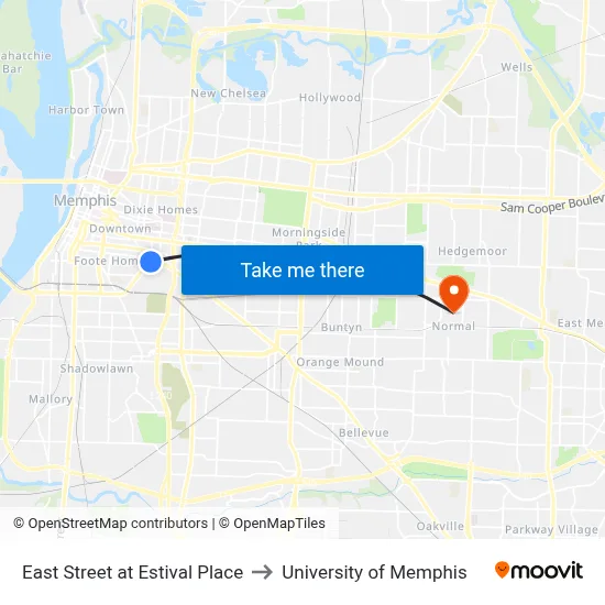 East Street at Estival Place to University of Memphis map
