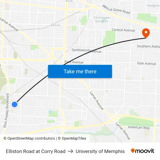Elliston Road at Corry Road to University of Memphis map