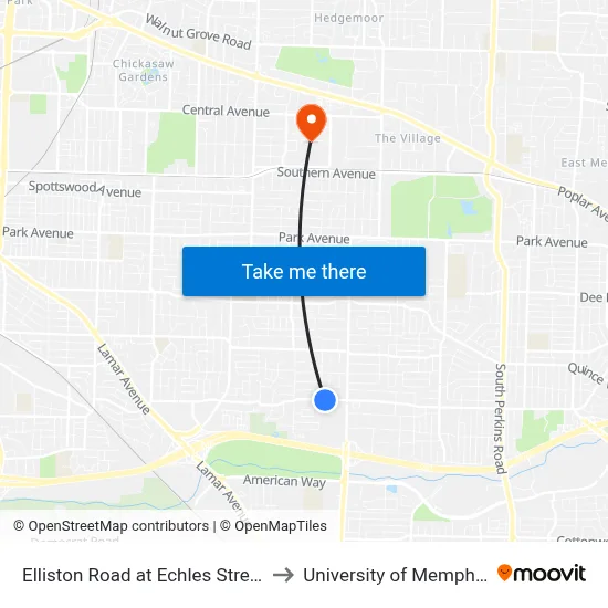 Elliston Road at Echles Street to University of Memphis map