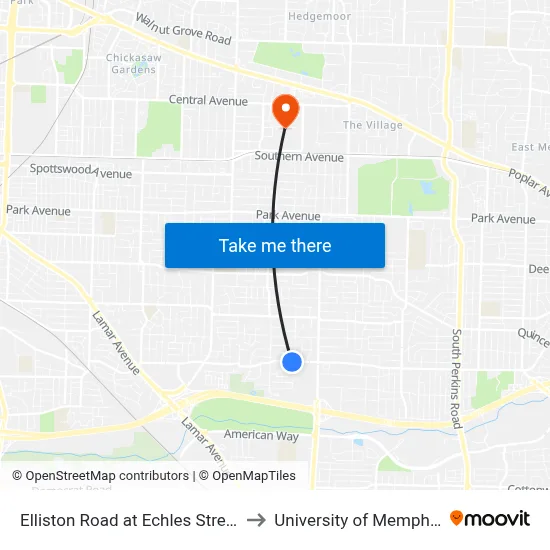 Elliston Road at Echles Street to University of Memphis map