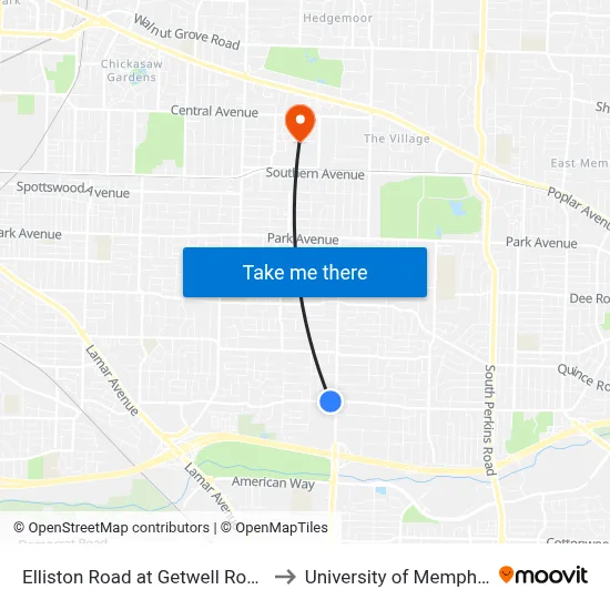 Elliston Road at Getwell Road to University of Memphis map