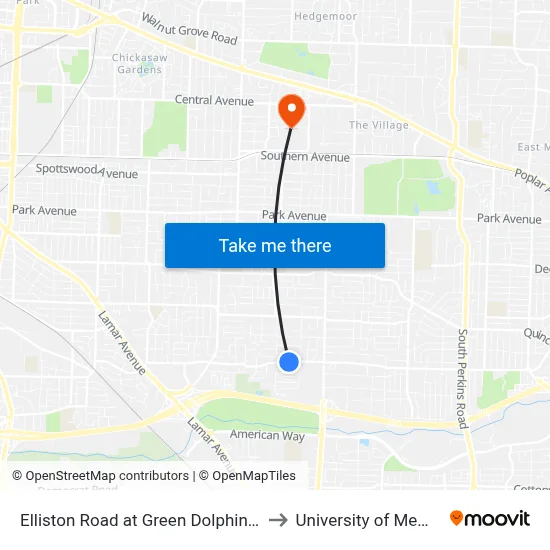 Elliston Road at Green Dolphin Street to University of Memphis map