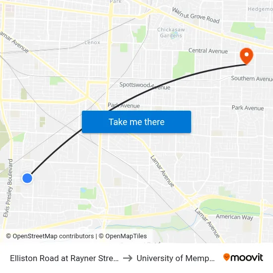 Elliston Road at Rayner Street to University of Memphis map