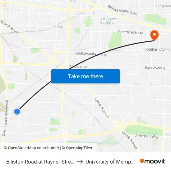 Elliston Road at Rayner Street to University of Memphis map