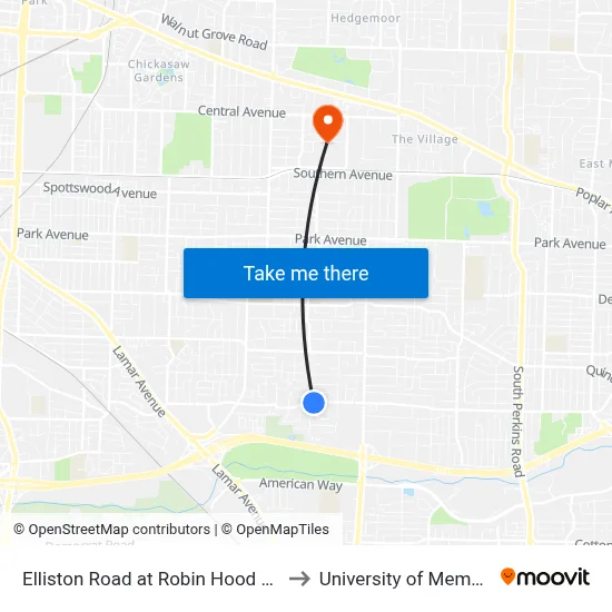 Elliston Road at Robin Hood Lane to University of Memphis map