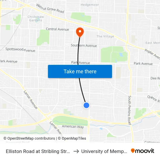 Elliston Road at Stribling Street to University of Memphis map
