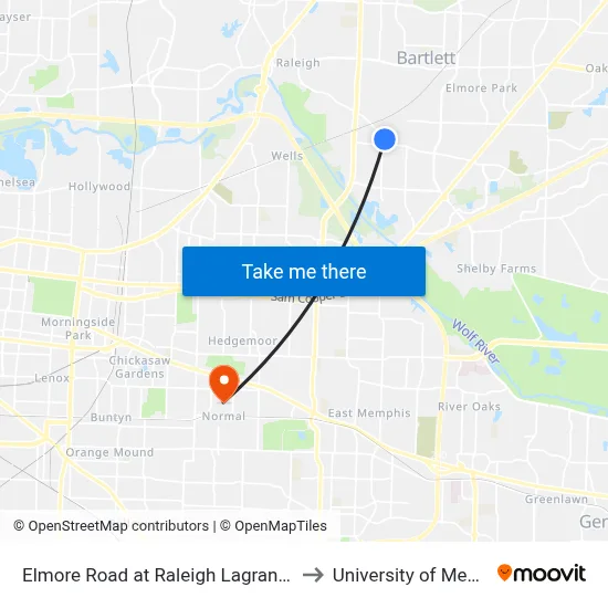 Elmore Road at Raleigh Lagrange Road to University of Memphis map