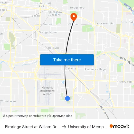 Elmridge Street at Willard Drive to University of Memphis map