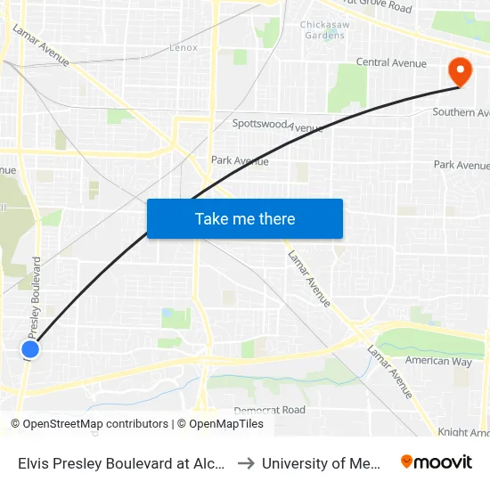 Elvis Presley Boulevard at Alcy Road to University of Memphis map