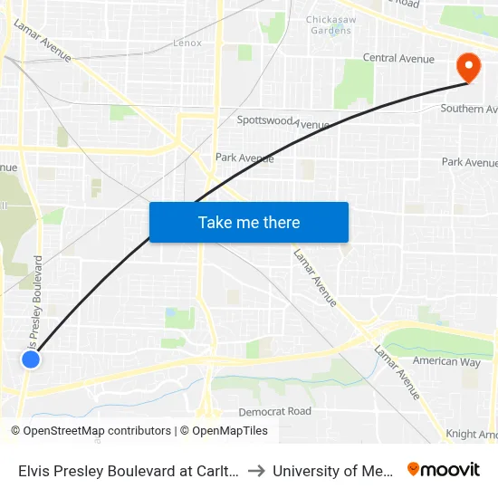 Elvis Presley Boulevard at Carlton Road to University of Memphis map