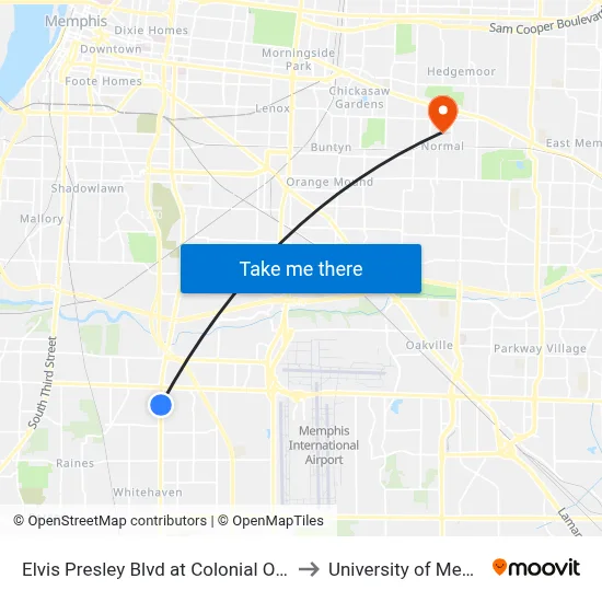 Elvis Presley Blvd at Colonial Oak Lane to University of Memphis map