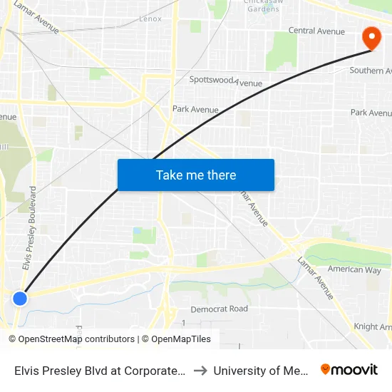 Elvis Presley Blvd at Corporate Avenue to University of Memphis map