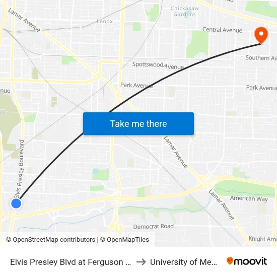 Elvis Presley Blvd at Ferguson Avenue to University of Memphis map