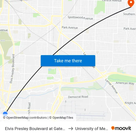 Elvis Presley Boulevard at Gateway Drive to University of Memphis map