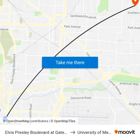 Elvis Presley Boulevard at Gateway Drive to University of Memphis map