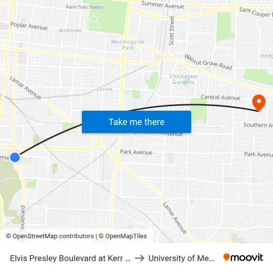 Elvis Presley Boulevard at Kerr Avenue to University of Memphis map