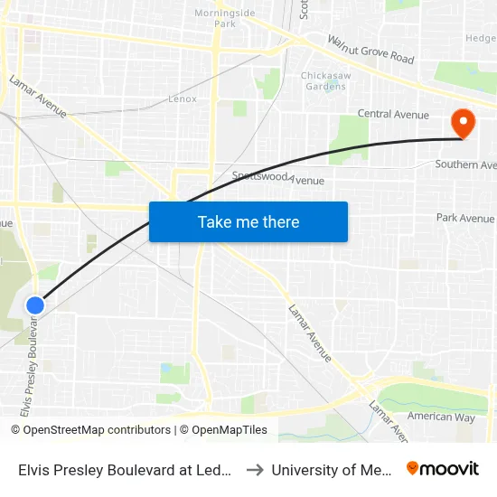 Elvis Presley Boulevard at Ledger Road to University of Memphis map