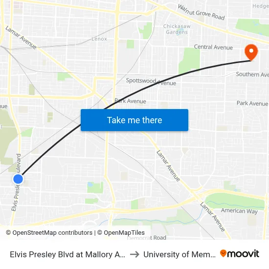 Elvis Presley Blvd at Mallory Avenue to University of Memphis map