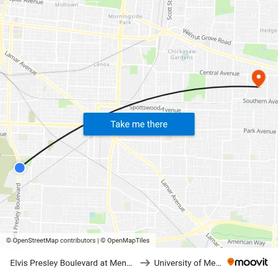 Elvis Presley Boulevard at Menager Road to University of Memphis map