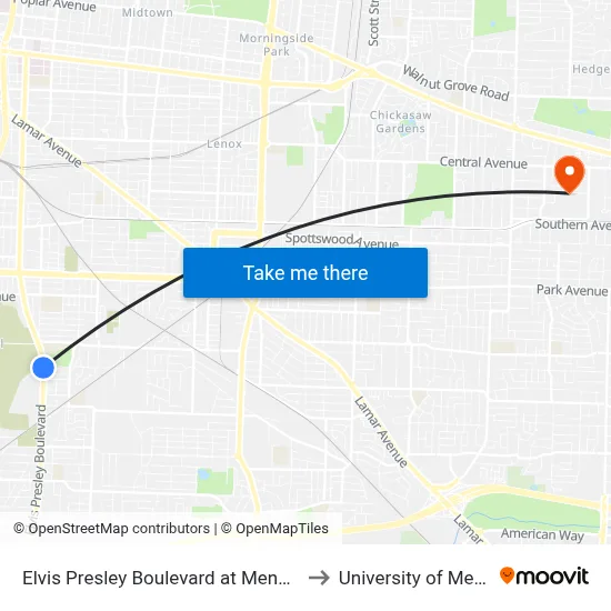 Elvis Presley Boulevard at Menager Road to University of Memphis map