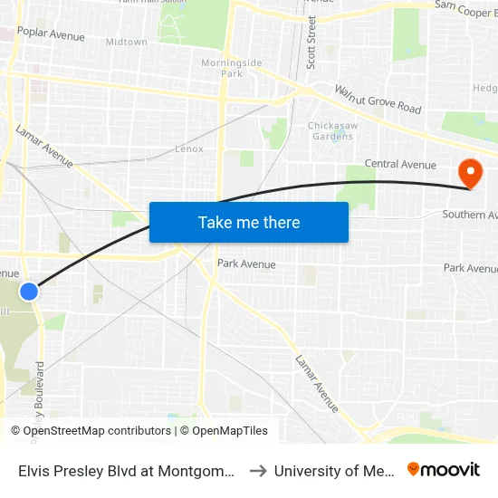 Elvis Presley Blvd at Montgomery Street to University of Memphis map
