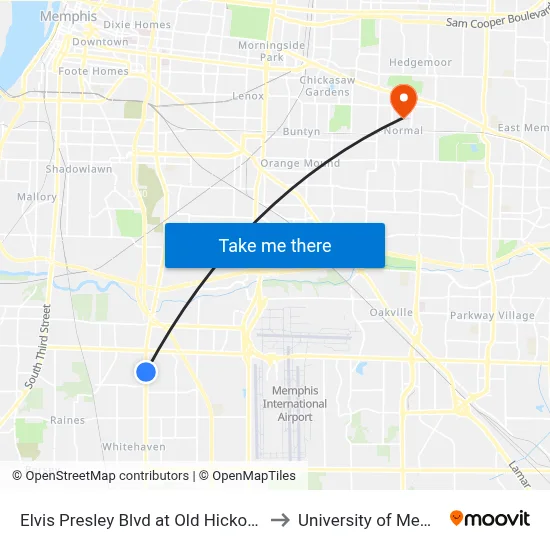 Elvis Presley Blvd at Old Hickory Road to University of Memphis map