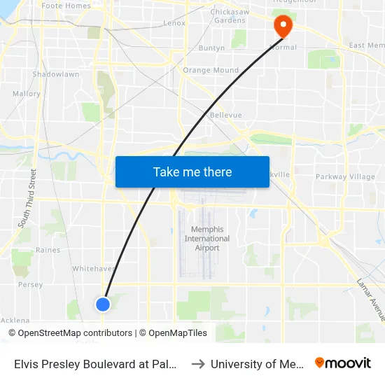 Elvis Presley Boulevard at Palmer Road to University of Memphis map