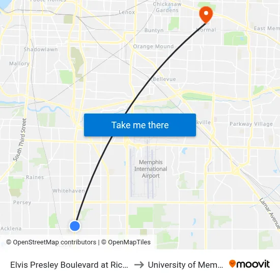 Elvis Presley Boulevard at Richland to University of Memphis map