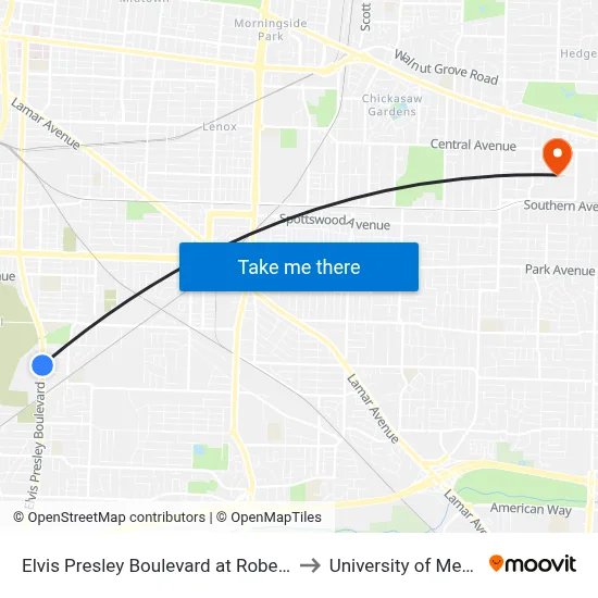 Elvis Presley Boulevard at Roberts Road to University of Memphis map
