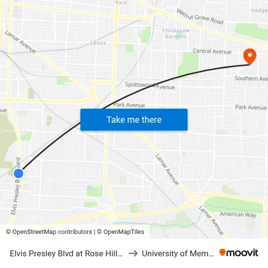 Elvis Presley Blvd at Rose Hill Road to University of Memphis map