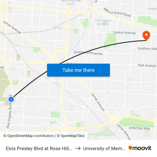 Elvis Presley Blvd at Rose Hill Road to University of Memphis map