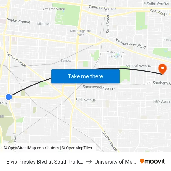 Elvis Presley Blvd at South Parkway East to University of Memphis map