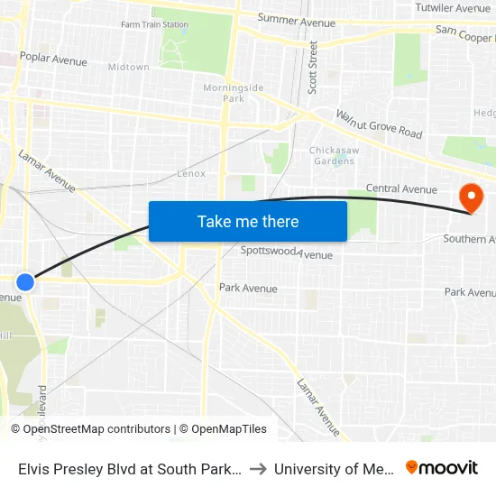 Elvis Presley Blvd at South Parkway East to University of Memphis map