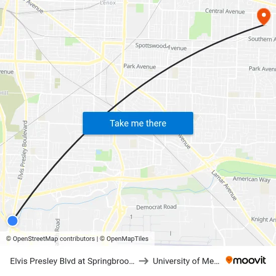 Elvis Presley Blvd at Springbrook Avenue to University of Memphis map
