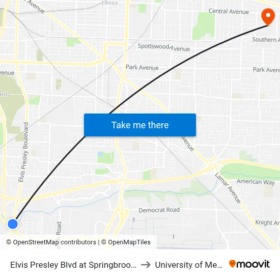 Elvis Presley Blvd at Springbrook Avenue to University of Memphis map