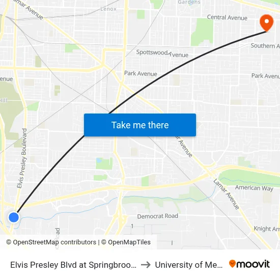 Elvis Presley Blvd at Springbrook Avenue to University of Memphis map