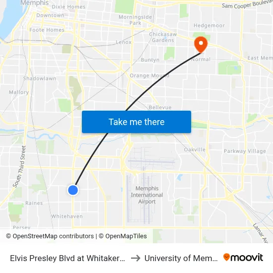 Elvis Presley Blvd at Whitaker Drive to University of Memphis map