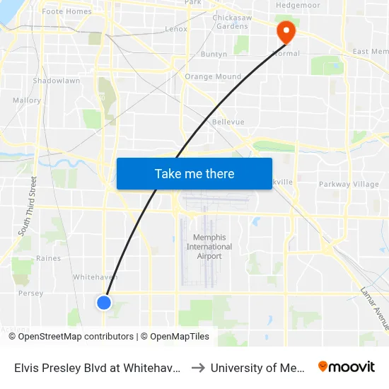 Elvis Presley Blvd at Whitehaven Lane to University of Memphis map