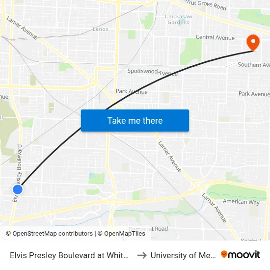 Elvis Presley Boulevard at Whitmore Road to University of Memphis map