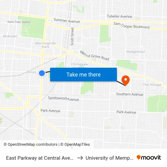 East Parkway at Central Avenue to University of Memphis map